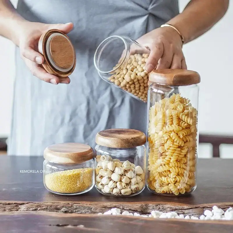 Elegant acacia wood lid glass food storage jars kitchen set by Decorbites